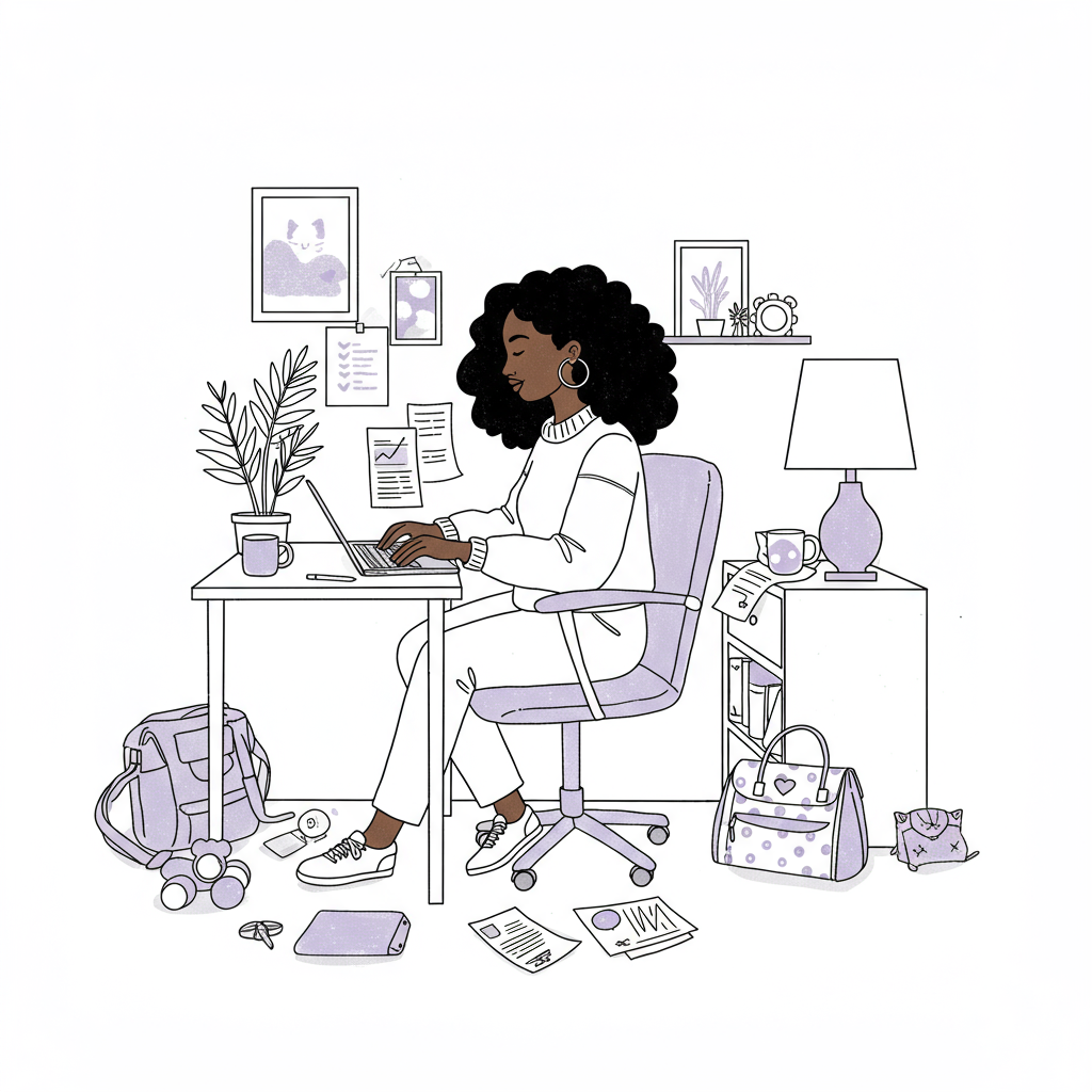 Chic black and white line art: a Black or Latina female entrepreneur working confidently at home with a pastel purple coffee mug | Femmeprenista