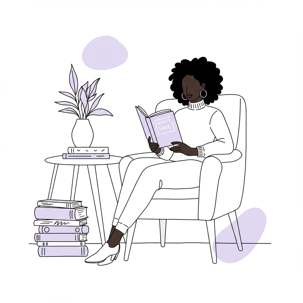 Stylish black and white line art: Black female founder reading, pastel purple book accent, symbolising inspired learning | Femmeprenista