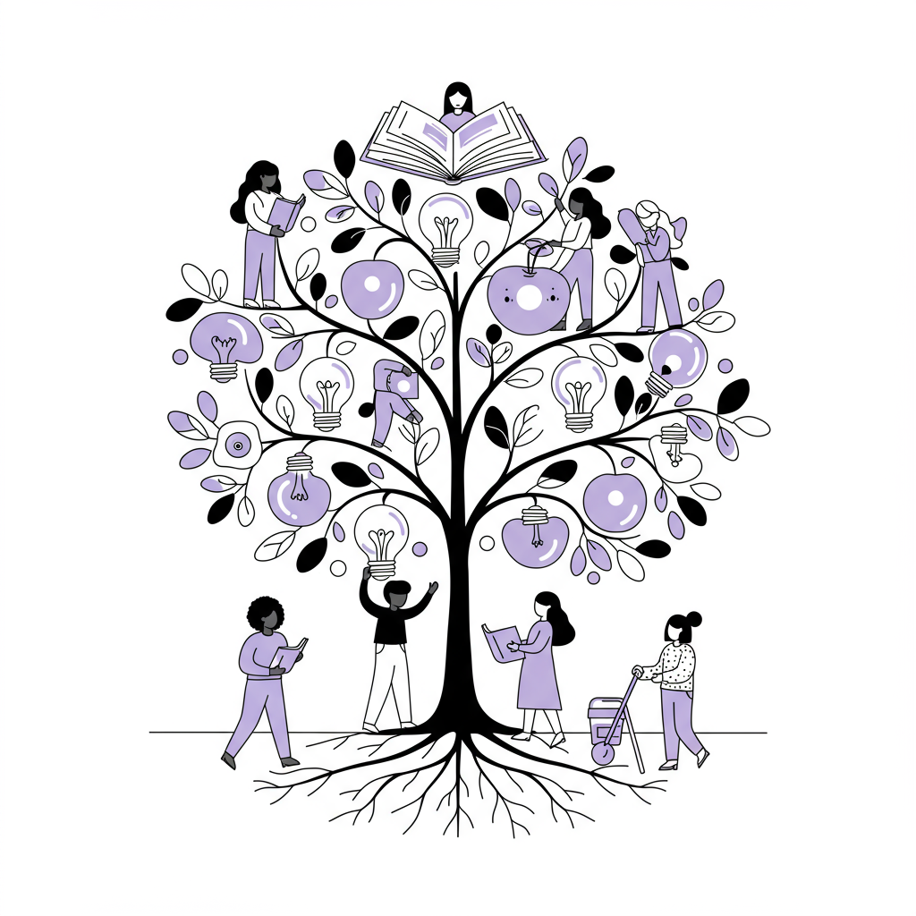 Chic line art illustration: blossoming tree with book-branches, diverse women gathering knowledge, pastel purple lightbulb fruit | Femmeprenista