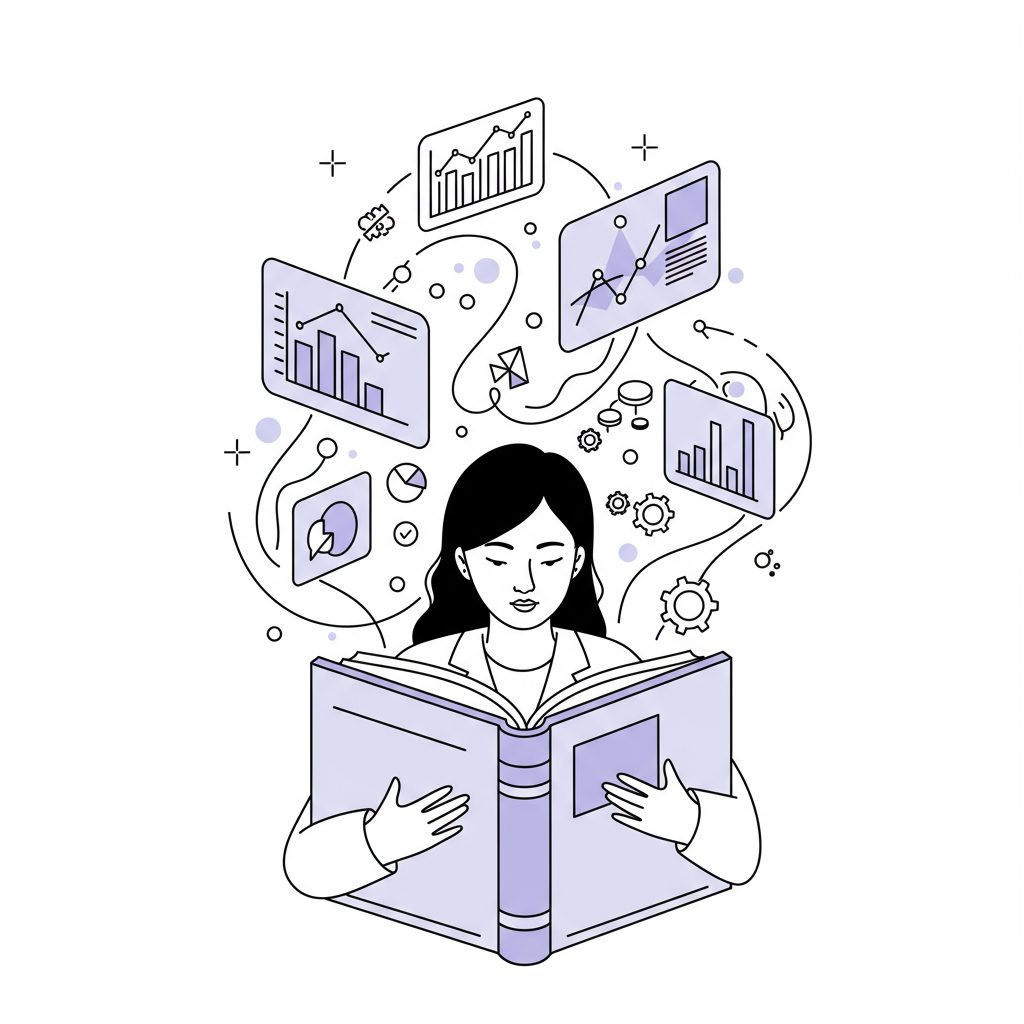 Chic line art: Asian woman entrepreneur with AI-powered market insights encircling her; pastel purple book spine | Femmeprenista