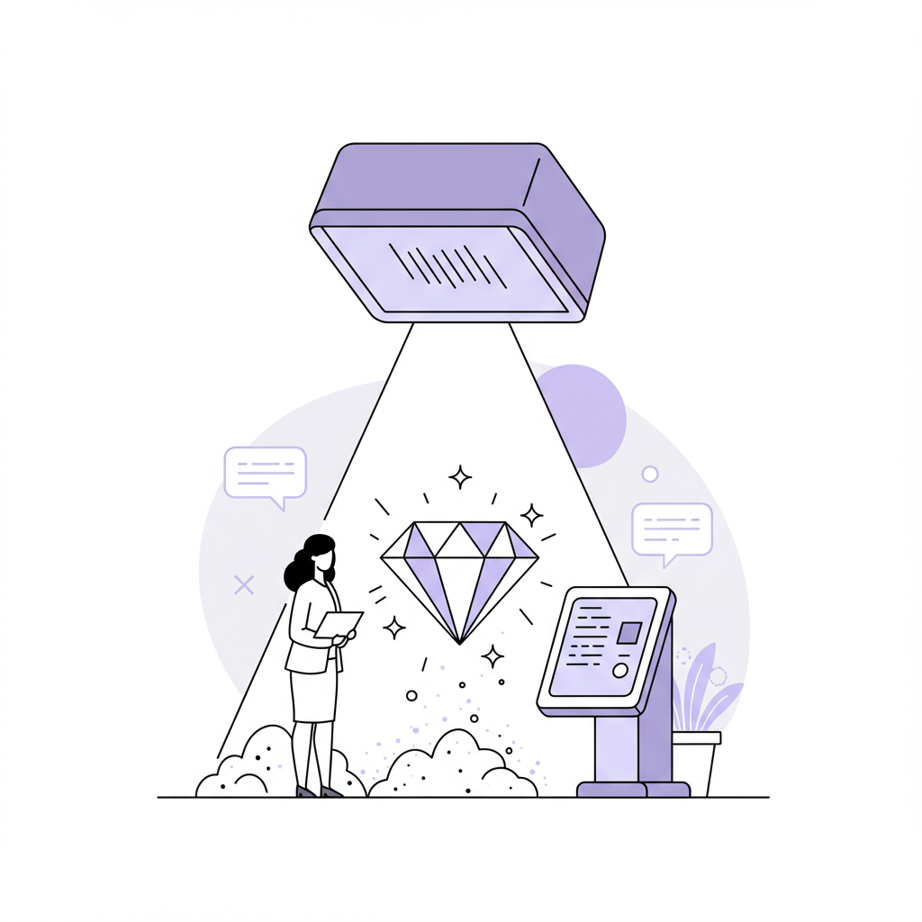 Modern line art: AI scanner transforms dust into a diamond, validating a female entrepreneur's offer; pastel purple accent | Femmeprenista