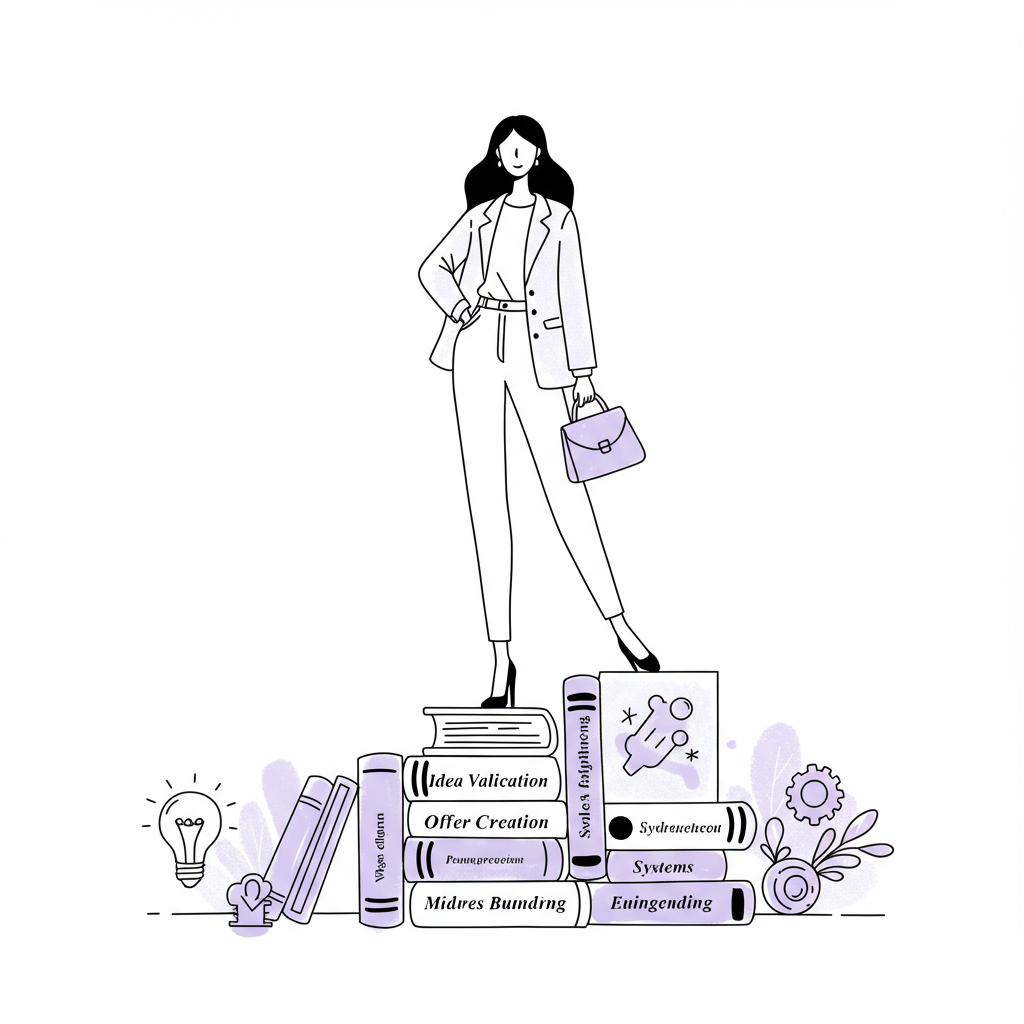 Elegant line art: Businesswoman standing on books symbolizing her business foundation; pastel purple bag accent | Femmeprenista