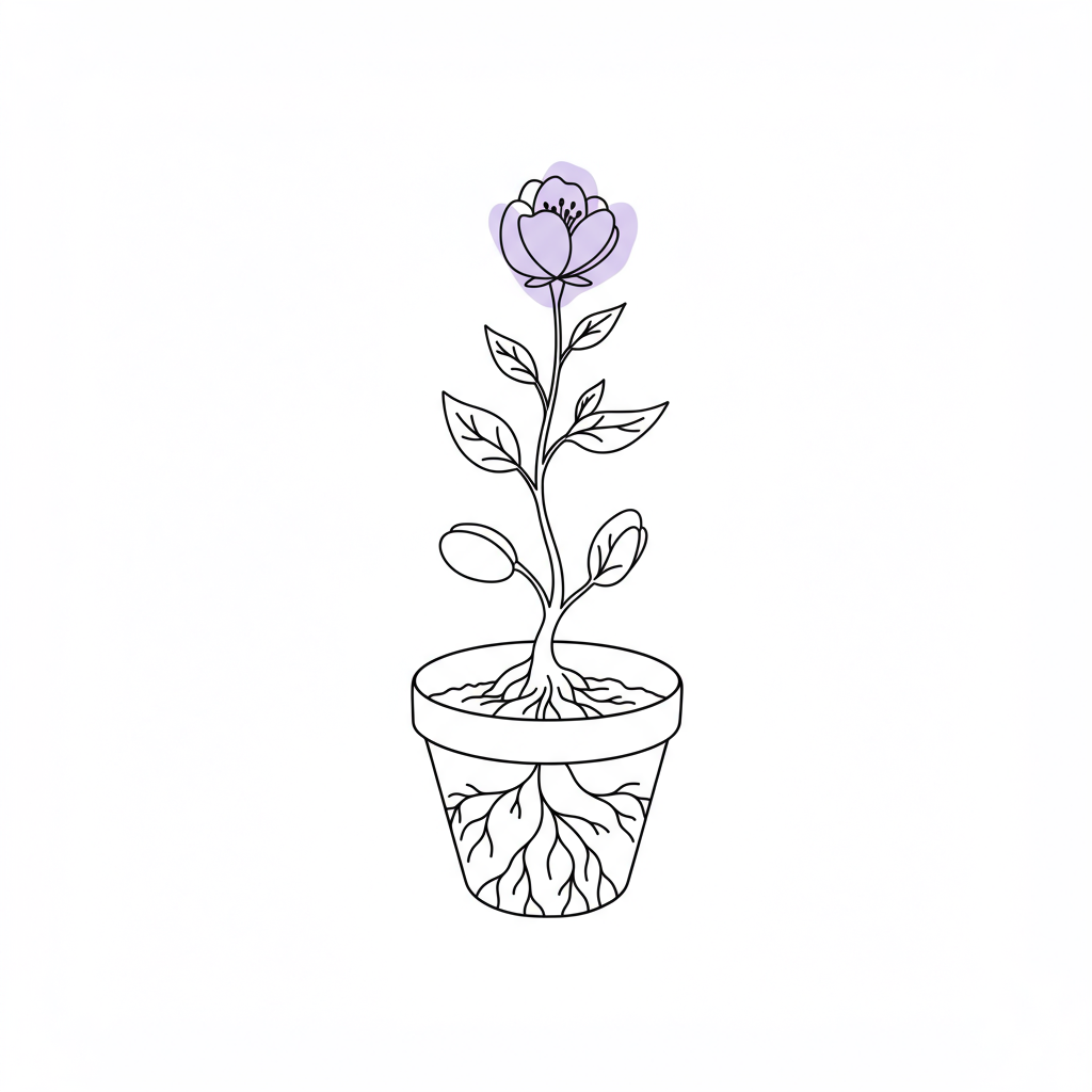 Chic line art: Seed to thriving plant in a brain-shaped pot, pastel purple bloom symbolizes business foundation growth | Femmeprenista