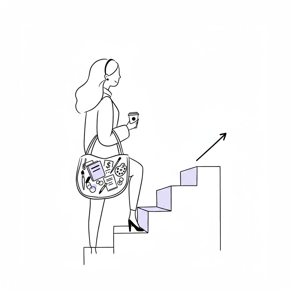 Line art: Woman entrepreneur steps to profit from passion project; pastel purple accent on top step | Femmeprenista