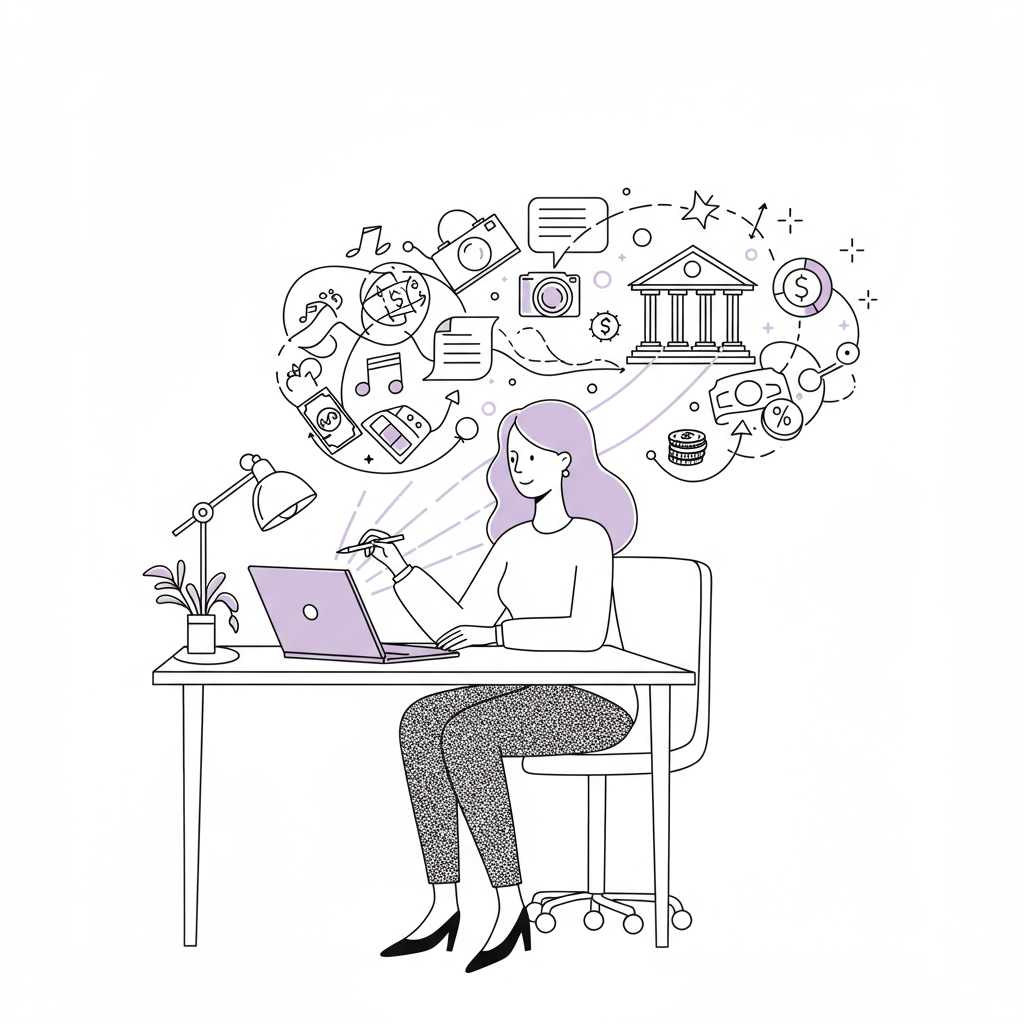 Black and white line art: Woman transforming her passion project to profit with laptop bridge; pastel purple screen | Femmeprenista