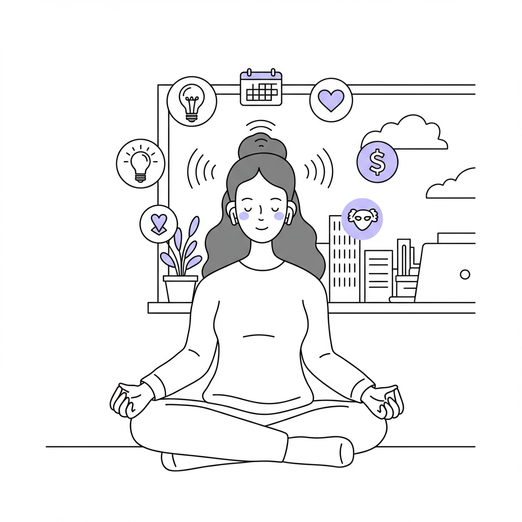 Line art: Female founder meditating with podcast benefits floating around her head; black, white, pastel purple earbuds | Femmeprenista