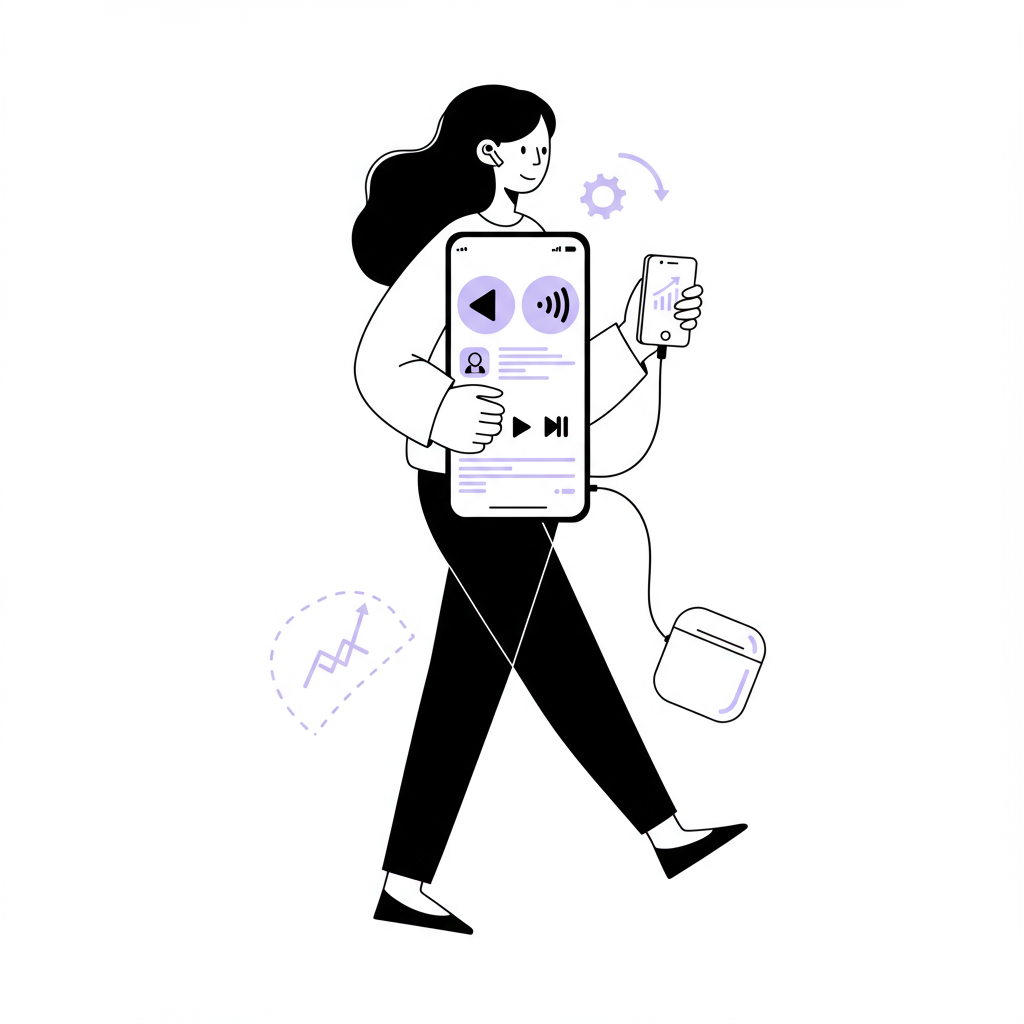 Chic black and white line art: Female founder efficiently learning with podcasts on the go, pastel purple earbuds | Femmeprenista