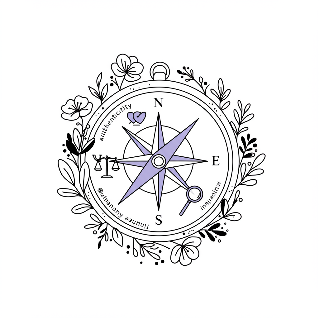 Modern line art compass with Authenticity, Balance, Impact, Clarity icons; pastel purple needle guides female entrepreneurs | Femmeprenista