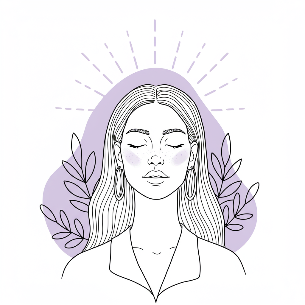 Line art: female entrepreneur meditating, radiating sun with pastel purple shine; authentic wellbeing, anti-burnout chic style | Femmeprenista
