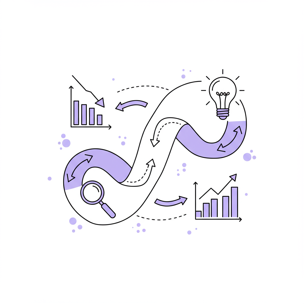 Chic black and white line art Mobius strip showing a feedback loop of learning from launch flops; pastel purple lightbulb | Femmeprenista