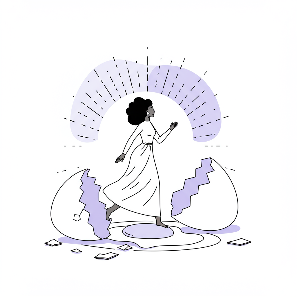 Black female entrepreneur rises from broken eggshell in chic line art, walking towards a pastel purple sunburst; symbolizes resilience | Femmeprenista