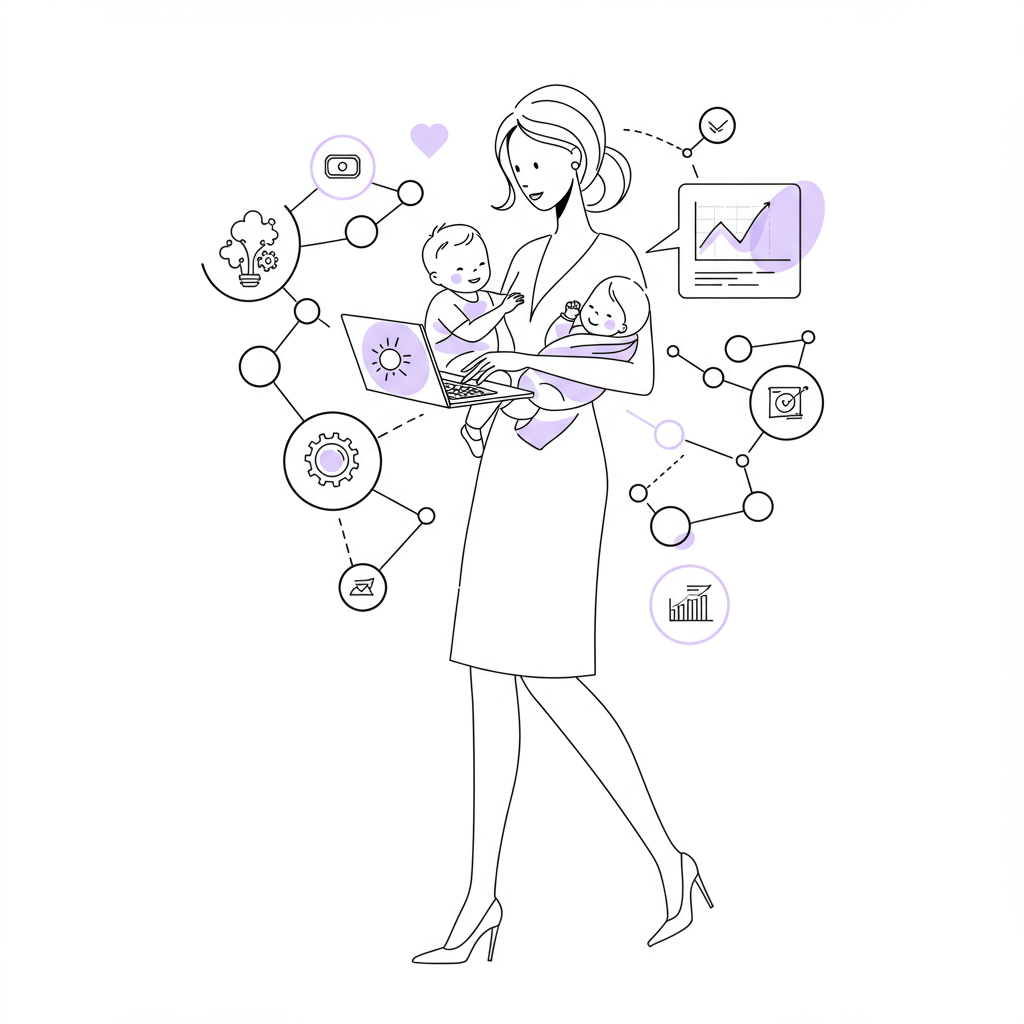 Chic black and white line art: Mumpreneur multitasking with baby and laptop; pastel purple flower detail on laptop, symbolizing tamed chaos | Femmeprenista