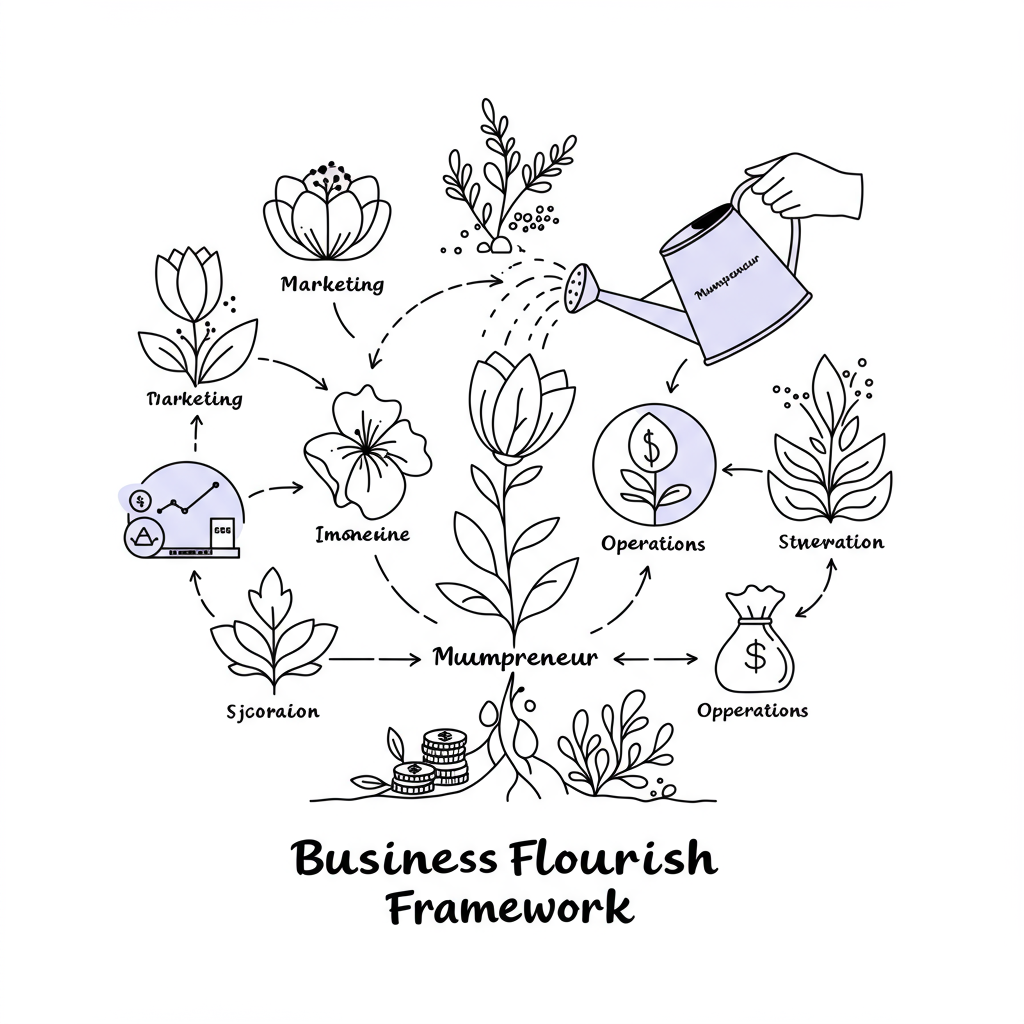 Chic black and white line art: Mumpreneur business systems flourish from a seed, watered with pastel purple drops | Femmeprenista