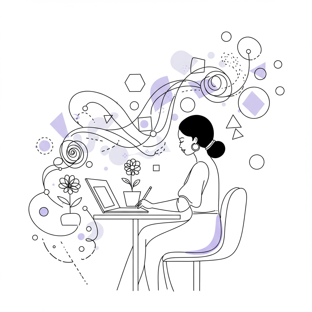 Line art: Black female entrepreneur transforming chaos into order; pastel purple flower symbolizes growth | Femmeprenista