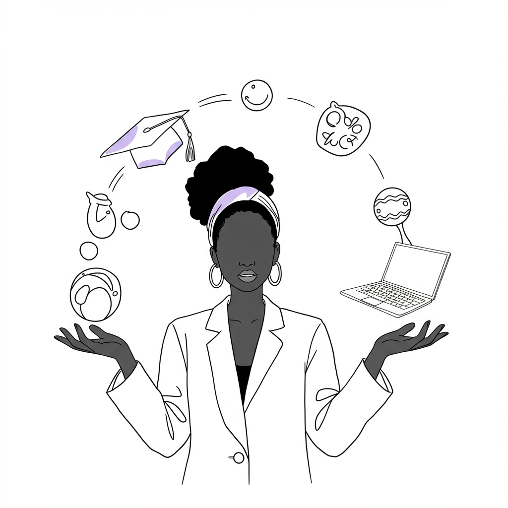 Black female entrepreneur juggling PhD, motherhood, and business; modern line art with pastel purple graduation cap tassel | Femmeprenista