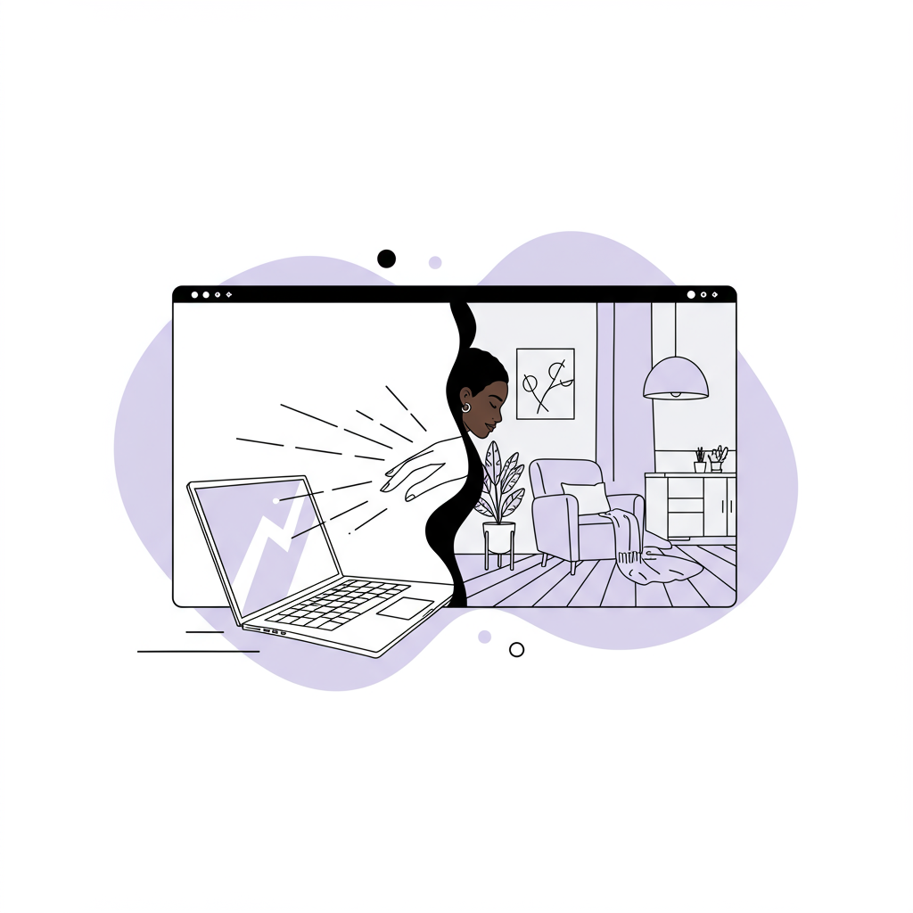 Chic line art illustration: work flowing into cozy home, Black or Latina hand connecting; pastel purple highlights growth | Femmeprenista