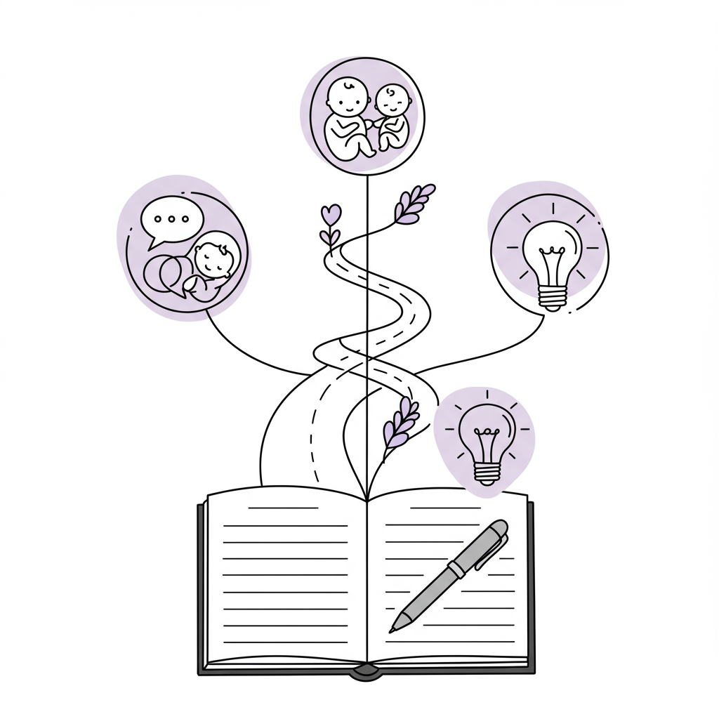 Chic line art: open notebook inspires content, icons represent motherhood, passion, and the journey; pastel purple lightbulb | Femmeprenista