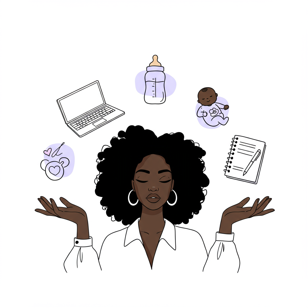 Line art: Black woman entrepreneur balancing laptop, baby bottle (purple accent), and notebook, embodying authentic balance | Femmeprenista