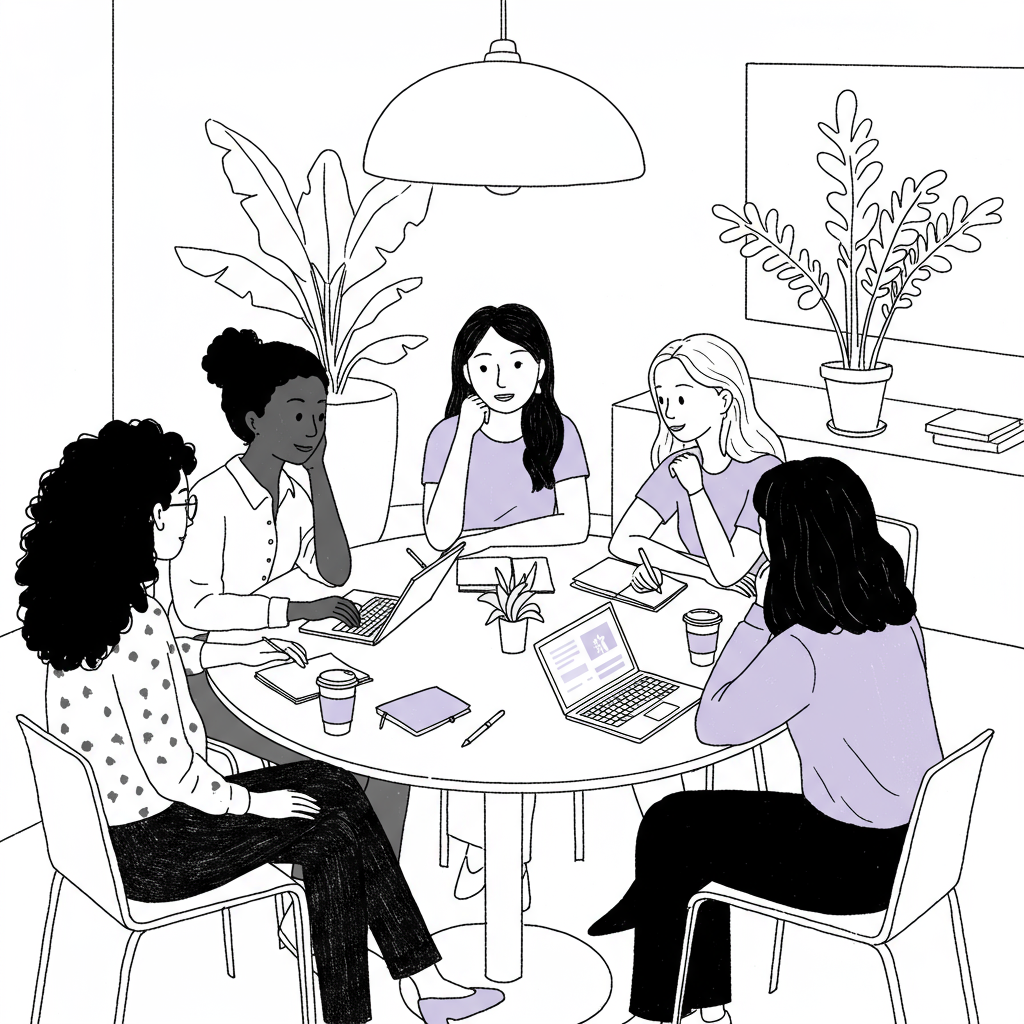 Chic line art: diverse female entrepreneurs in supportive discussion; black and white with pastel purple notebook detail | Femmeprenista
