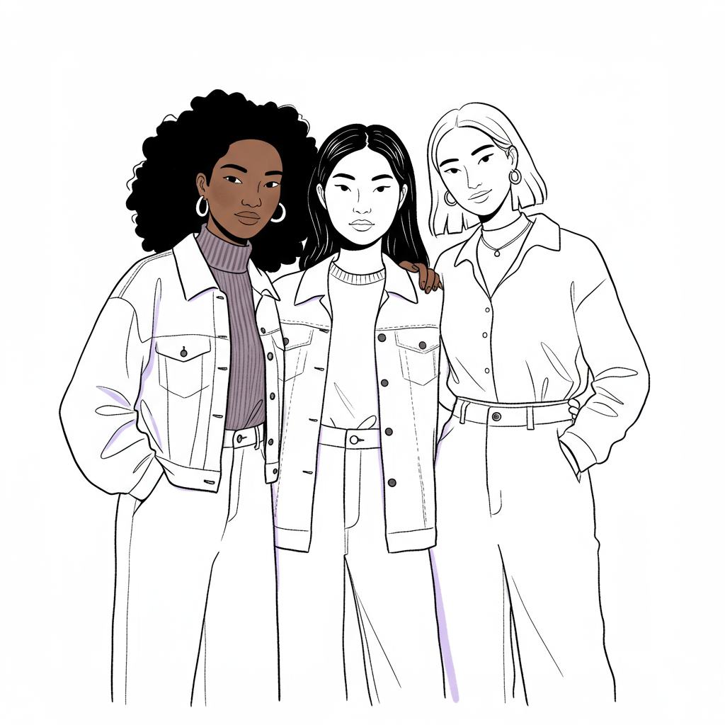 Chic line art: Black, Asian, & Latina women entrepreneurs in supportive huddle; black & white with pastel purple accent | Femmeprenista