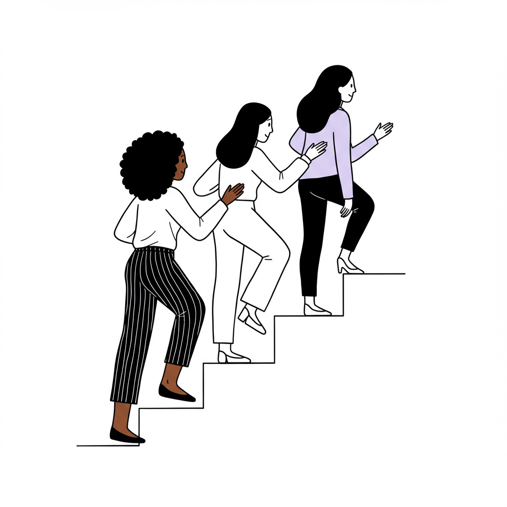 Modern line art: Diverse women entrepreneurs linked arm-in-arm scaling stairs; pastel purple top step signifies growth | Femmeprenista