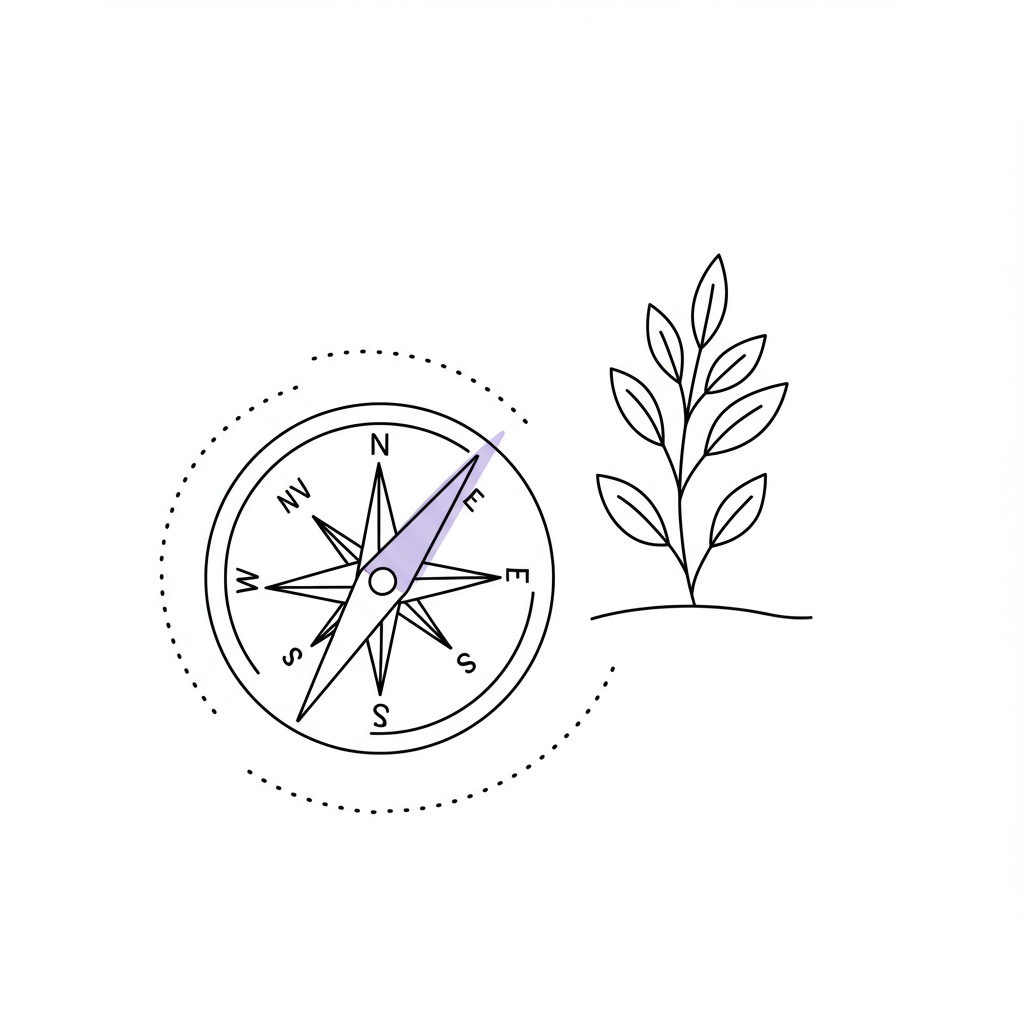 Chic black and white line art: Stylized compass with pastel purple needle pointing towards business growth icon | Femmeprenista
