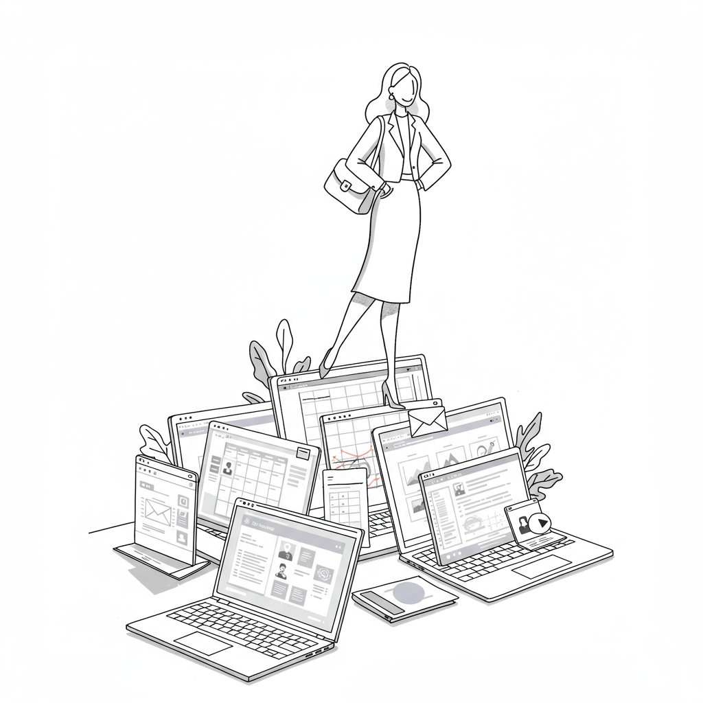 Line art of a UK business woman standing confidently on laptops, symbolizing software solutions; pastel purple handbag strap | Femmeprenista