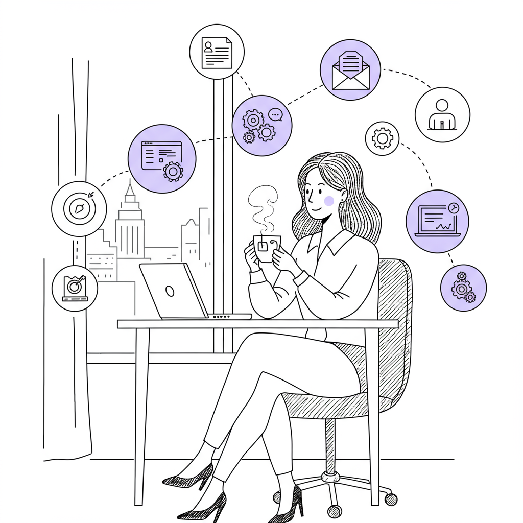 Elegant line art: UK businesswoman with integrated software icons, pastel purple teacup | Femmeprenista
