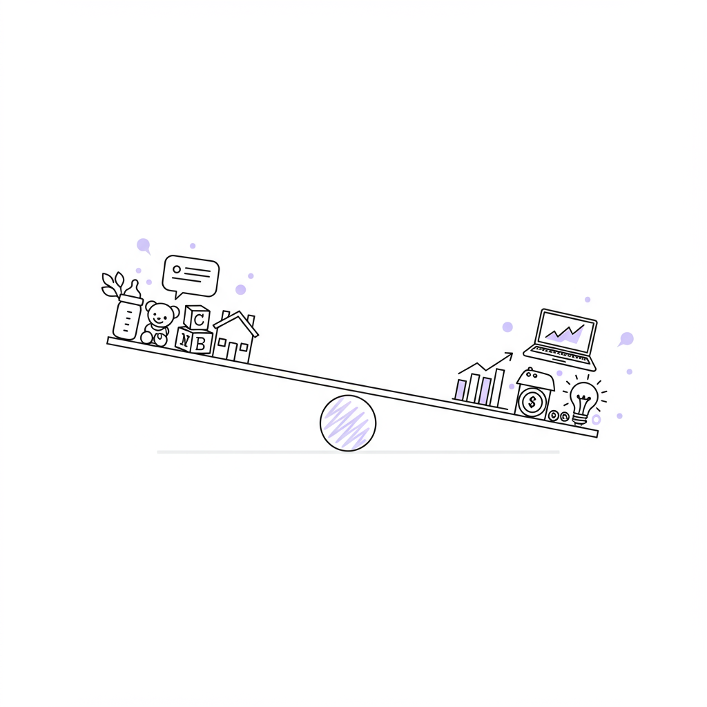 Line art illustration: Balanced seesaw symbolizing motherhood and business, pastel purple fulcrum | Femmeprenista