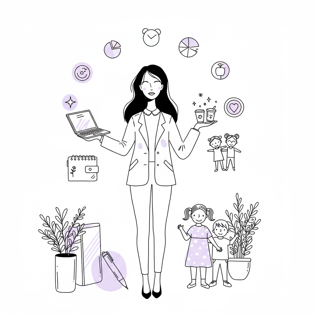 Chic line art: Mother entrepreneur juggling business tools and children symbols, pastel purple hearts. Empowering Femmeprenista style | Femmeprenista