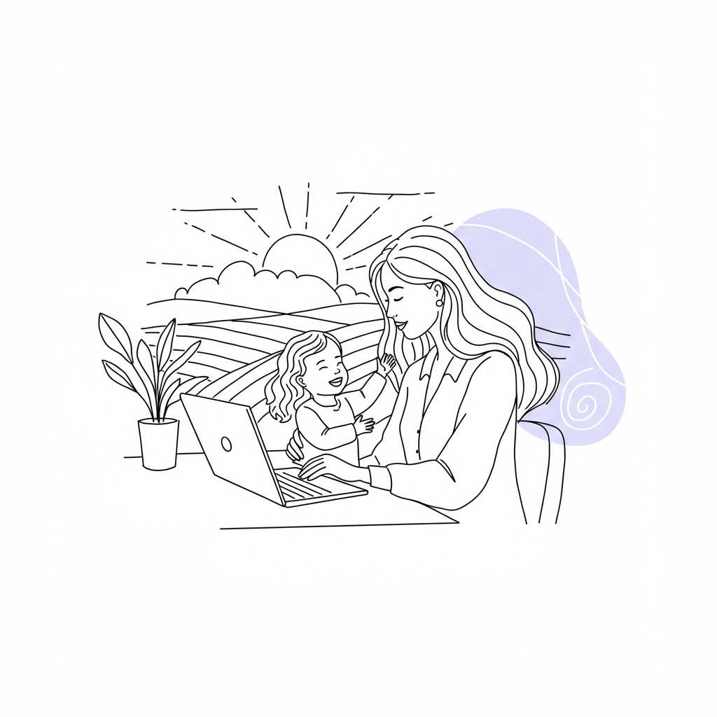 Line art: Stylish mum effortlessly blending work and family; rising sun background, pastel purple swirl accent | Femmeprenista