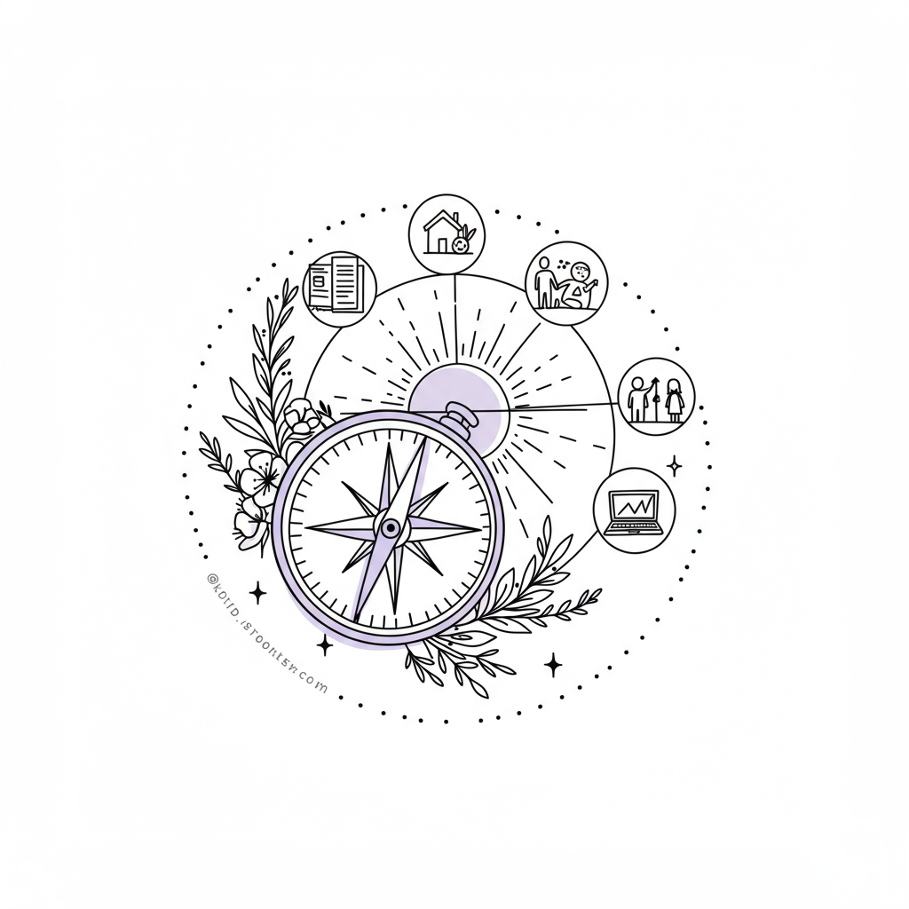 Modern line art: Stylized compass with purple needle points to sunlit icons of family, time, and business, symbolizing authentic balance | Femmeprenista