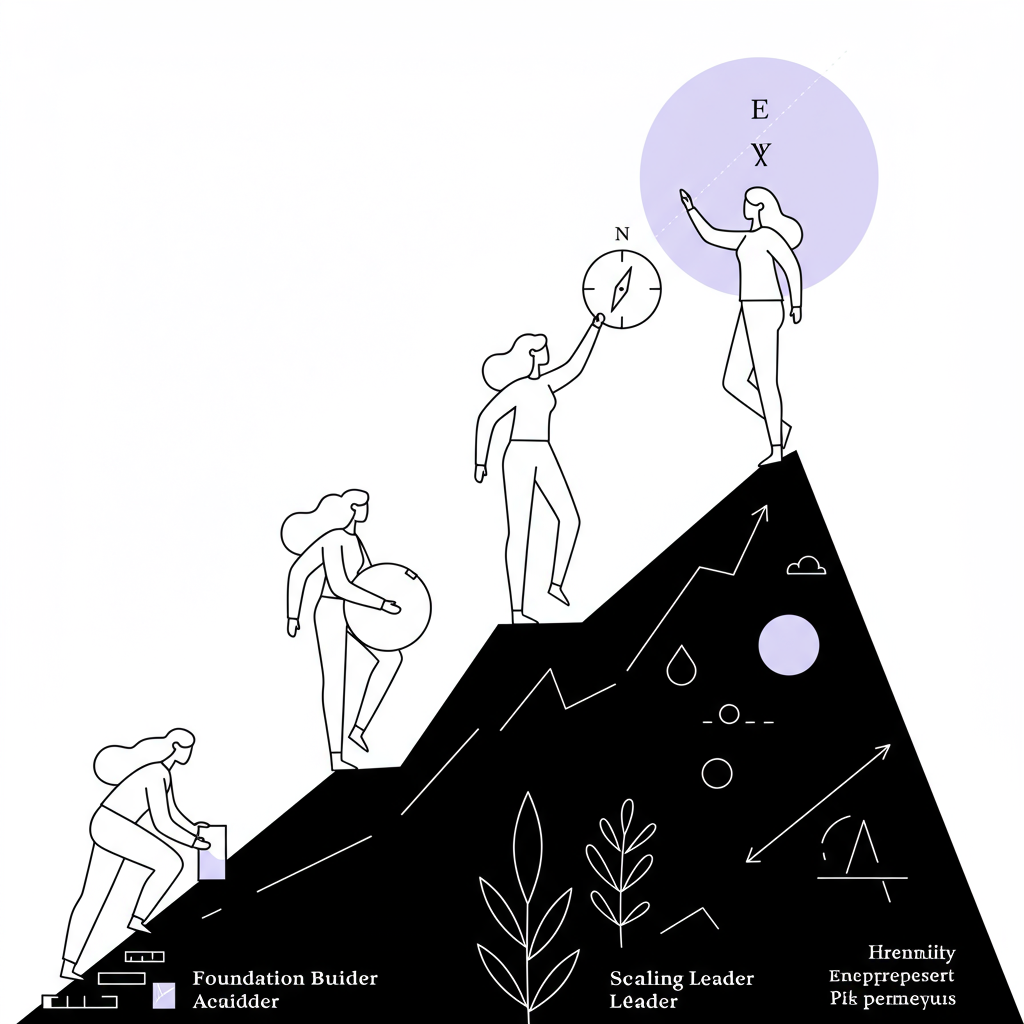 Line art: 3 stylized women on a mountain, each a stage of entrepreneurship, pastel purple sun at peak | Femmeprenista