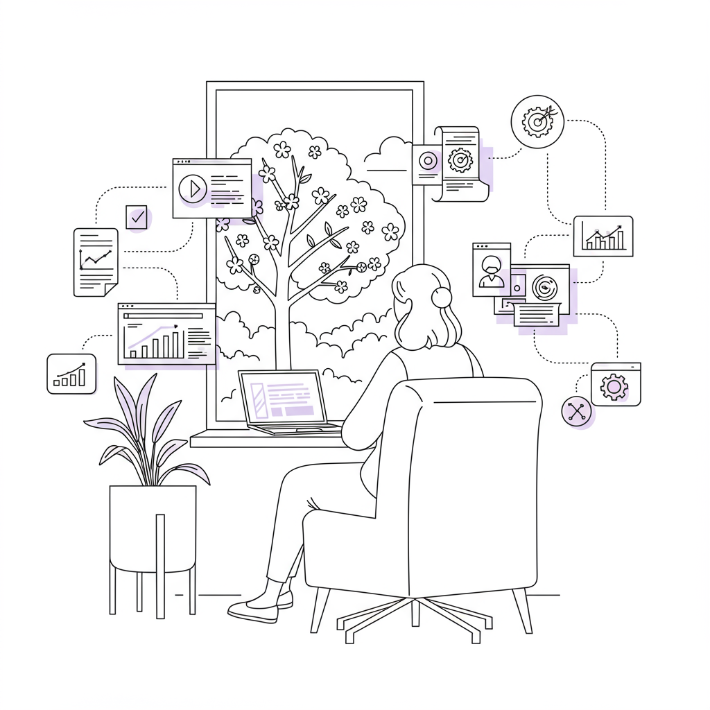 Line art: Female entrepreneur gazes at blossoming tree, representing strategic online business growth; purple flower detail | Femmeprenista