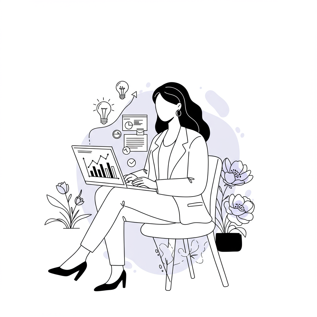 Chic line art: female entrepreneur with laptop, rising data charts, and blooming flower, pastel purple accent | Femmeprenista