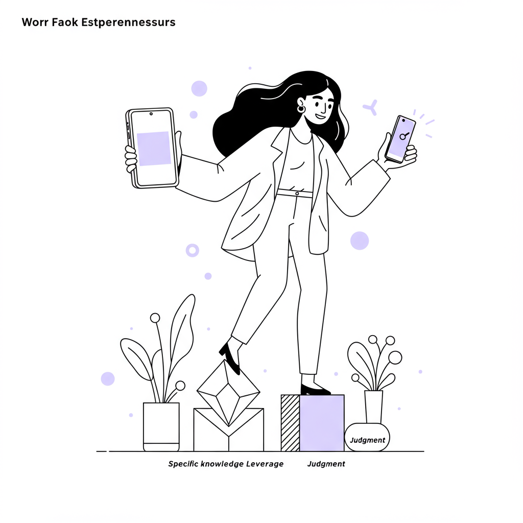 Chic line art: Latina entrepreneur balancing 'Knowledge, Leverage, Judgment,' serenely using AI on phone; pastel purple screen | Femmeprenista