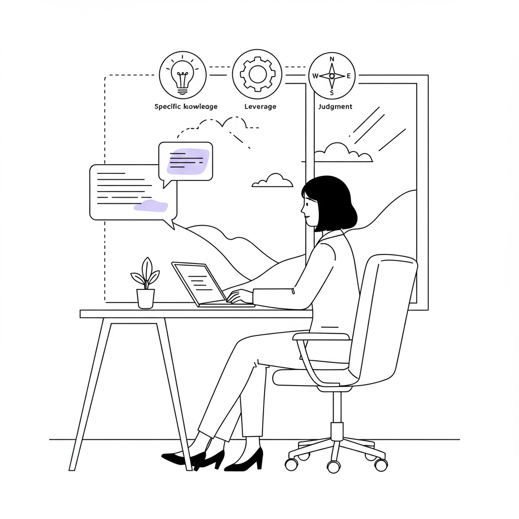 Line art of an East Asian female entrepreneur at her desk, embodying work-life harmony; laptop screen has pastel purple accent | Femmeprenista