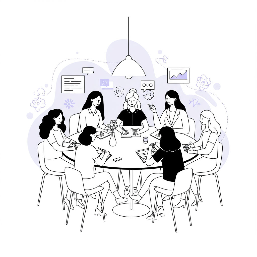 Chic line art of diverse female entrepreneurs brainstorming collaboratively around a table; black and white with pastel purple accent | Femmeprenista