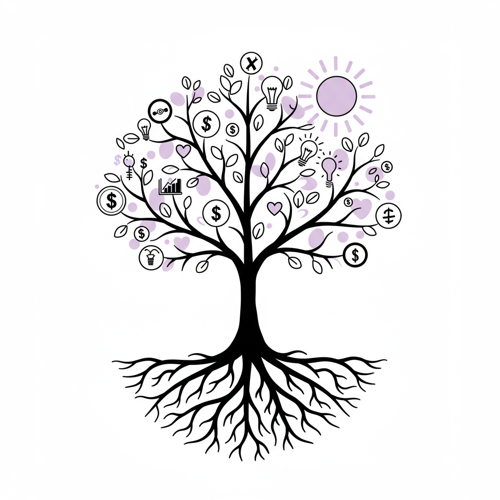 Line art of a thriving tree symbolizing team growth, interconnected roots, and diverse achievements; pastel purple sun rays | Femmeprenista