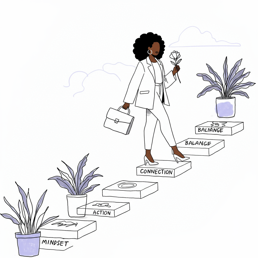 Chic line art: Black woman entrepreneur confidently stepping forward, holding a pastel purple flower | Femmeprenista