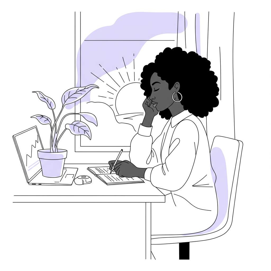 Line art: Black female entrepreneur sketching at desk, plant with pastel purple accent symbolizes business growth | Femmeprenista