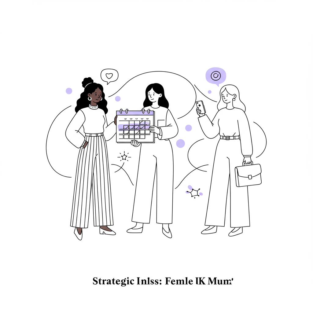 Chic line art: Diverse UK female entrepreneurs strategically networking, accent on "2025" calendar in pastel purple | Femmeprenista