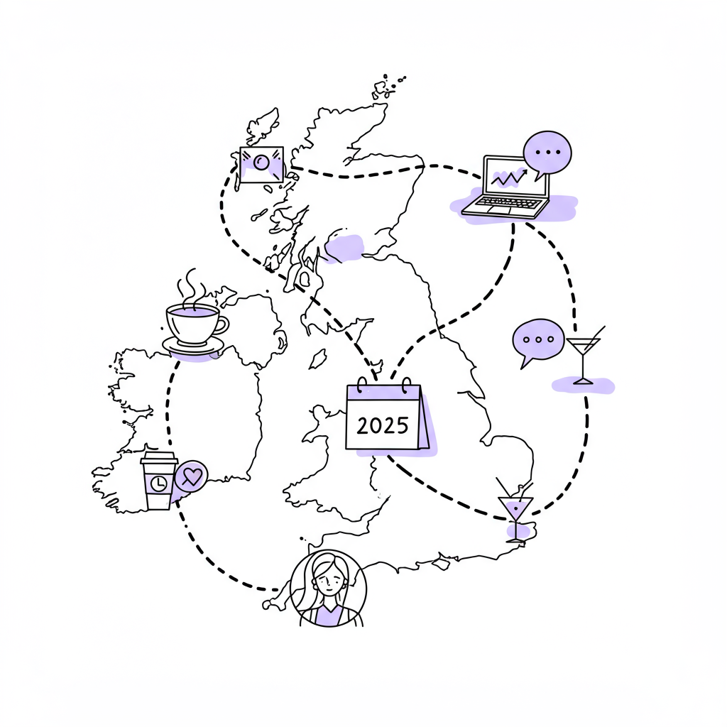 Chic line art "event map" of UK networking for mums in 2025, pastel purple date detail; Strategic connection pathways | Femmeprenista