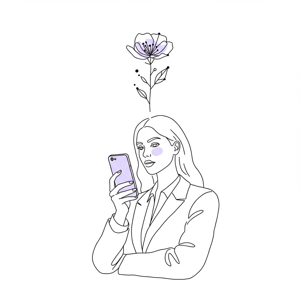 Chic line art of businesswoman sending an email; flower blossom symbolizes growth, pastel purple phone screen | Femmeprenista