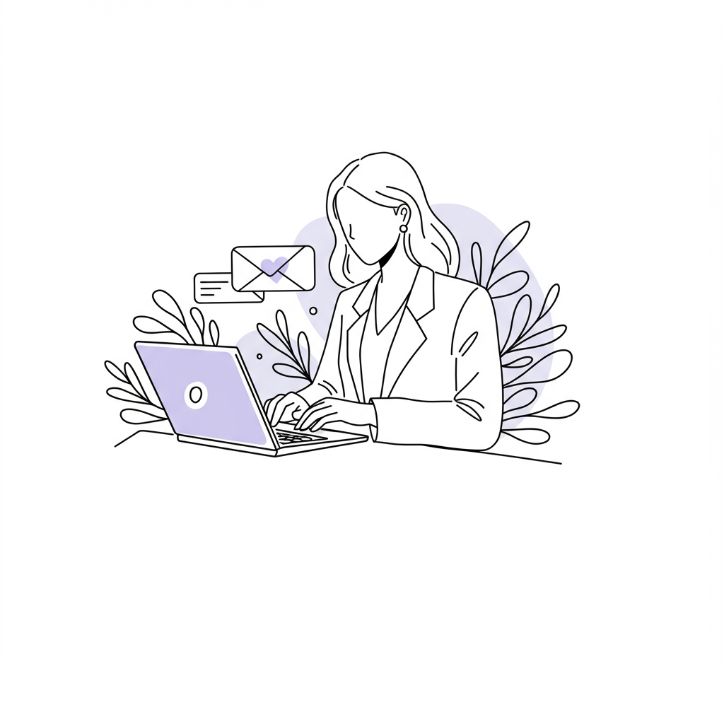 Chic line art: Woman in suit confidently emailing, pastel purple laptop screen; modern, empowering style | Femmeprenista