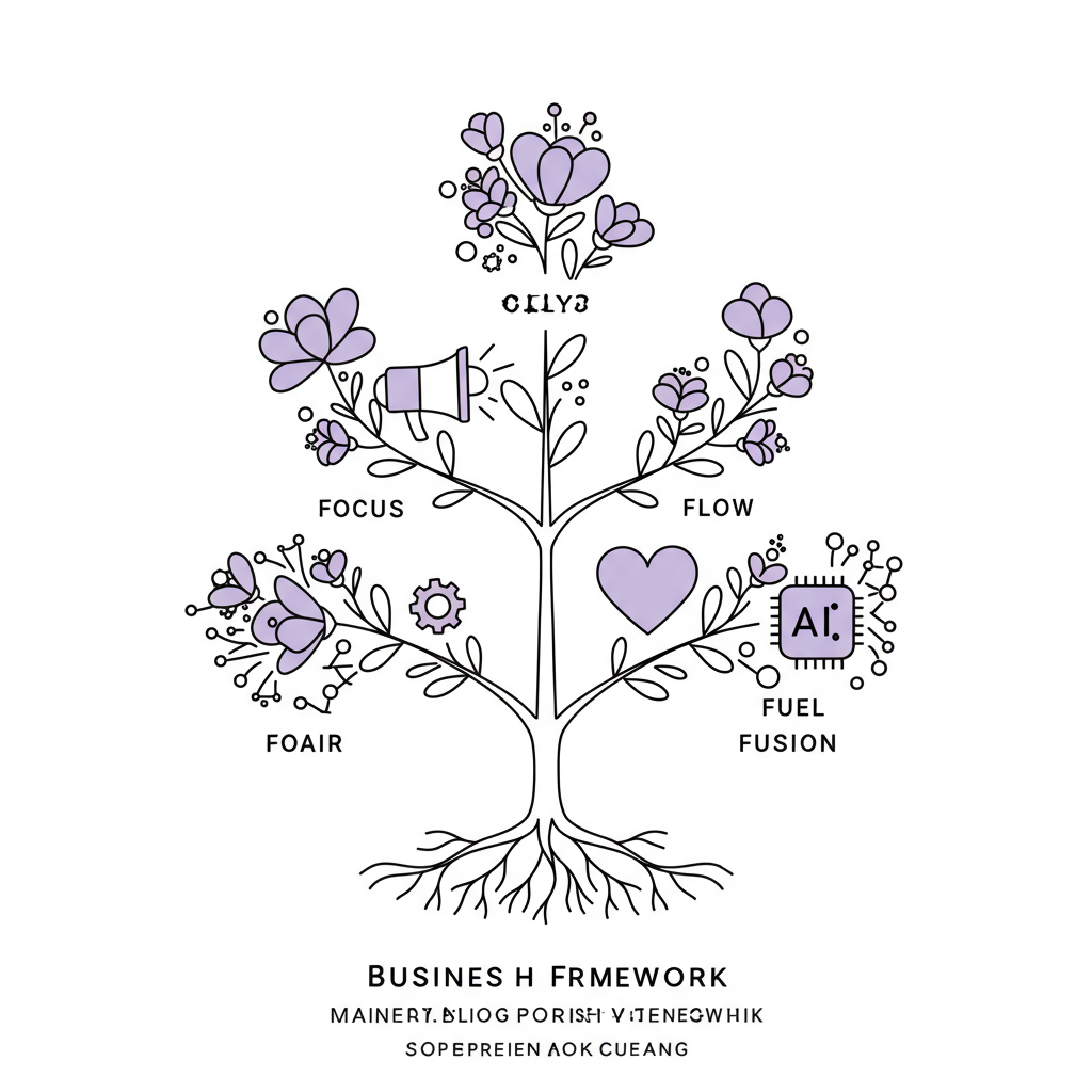 Line art of a flourishing "Business Flourish Framework" with pastel purple heart, symbolizing growth and wellbeing | Femmeprenista