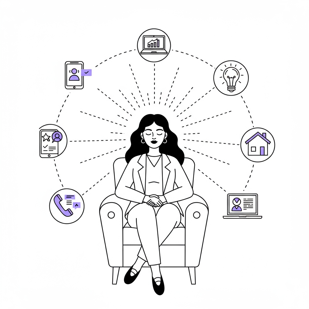 Line art: Latina entrepreneur mindfully managing stakeholders, radiating focus; pastel purple handshake highlight | Femmeprenista