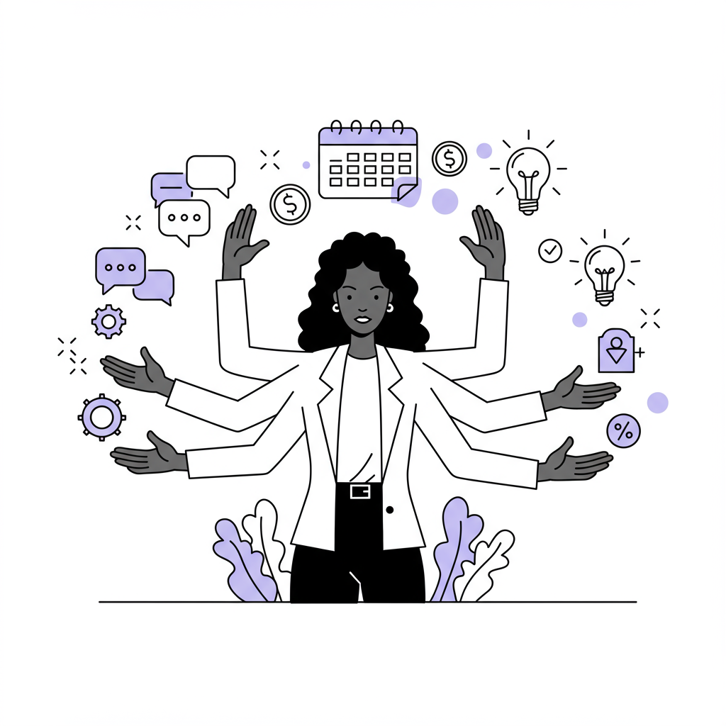 Chic line art: Black or Asian female entrepreneur orchestrating stakeholder management with pastel purple calendar accent | Femmeprenista