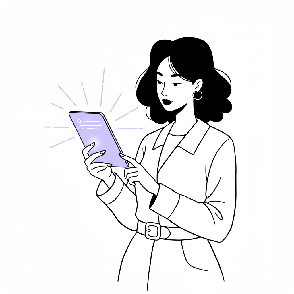 Chic line art: a woman entrepreneur confidently leveraging the AI advantage; pastel purple accents tablet screen | Femmeprenista