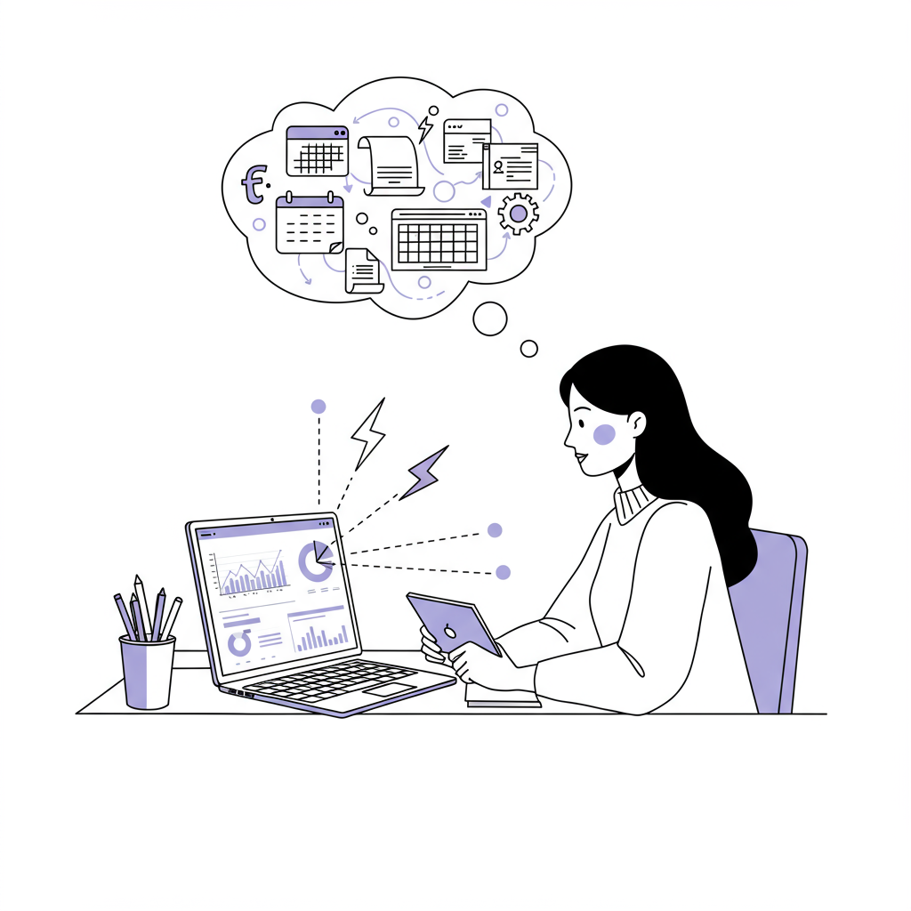 Line art: Latina CEO at desk, AI streamlines tasks; pastel purple on laptop and lightning bolts | Femmeprenista